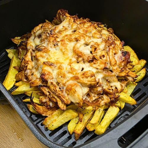 kurczak w sosie bbq szarpany z frytkami i serem z frytkownicy beztłuszczowej
